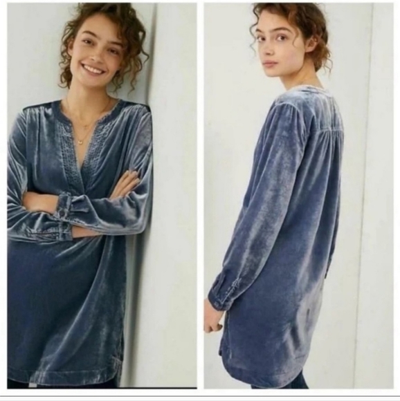 Anthropologie Dresses & Skirts - Anthropologie Melody Slate Blue Velvet Tunic V-Neck Long Sleeve- 50069